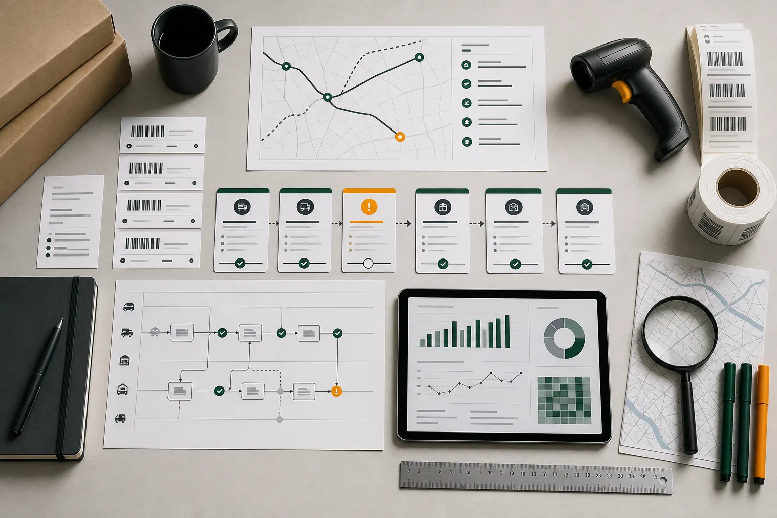 Shipment workflow diagnostic materials arranged on an operations desk