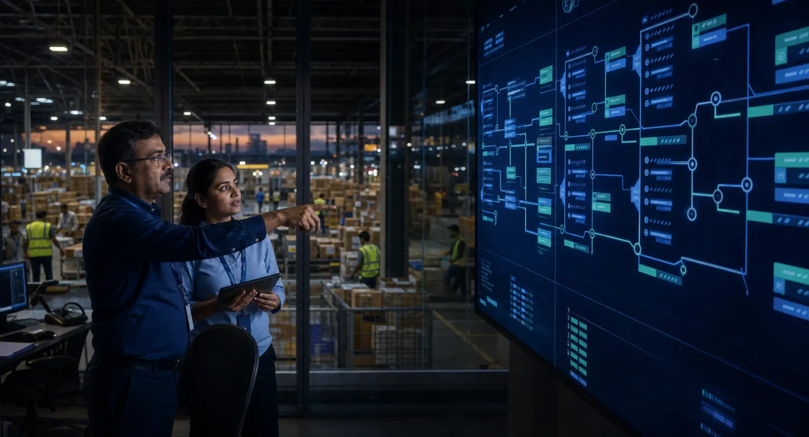 Operations specialists reviewing a shipment workflow in a logistics control room